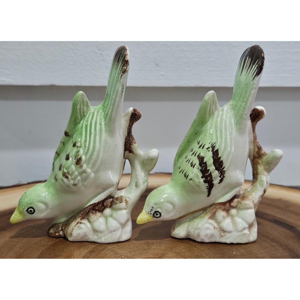 VTG 50s Japan Ceramic Bird Figurines Set of 2 Green Hand Painted Mid Century